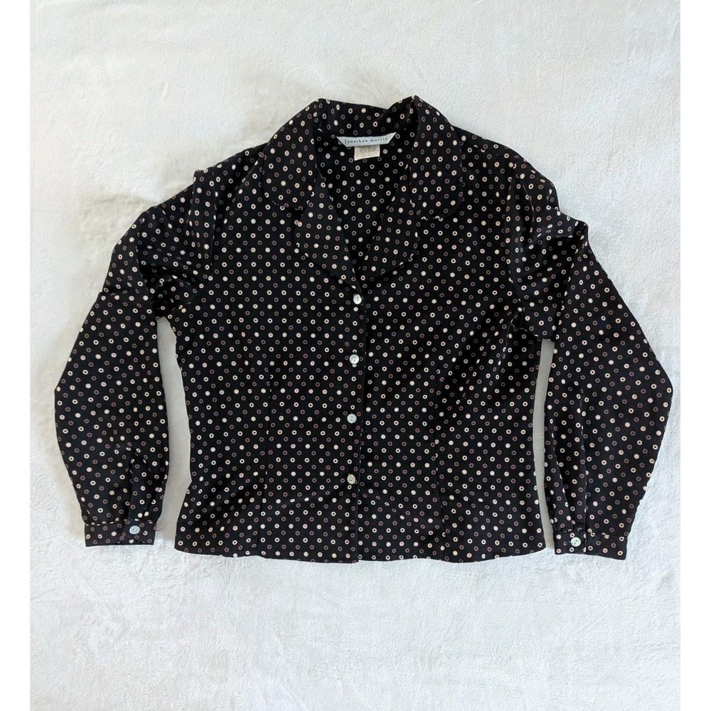 Vtg Jonathan Martin Blouse Black Polka Dot Button Up Top Sz L Mod Professional
